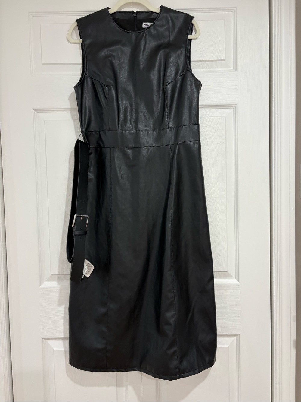 NWT- Zara Black Faux Leather Sleeveless Midi Dress with Removable Belt Size L
